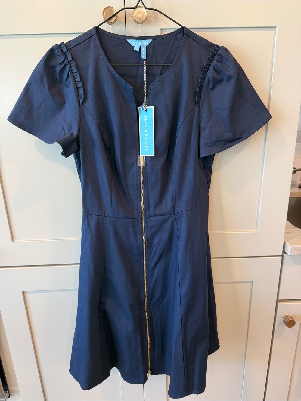 🦋Draper James Navy Zip-Front Fit & Flare Dress with Ruffle Sleeves